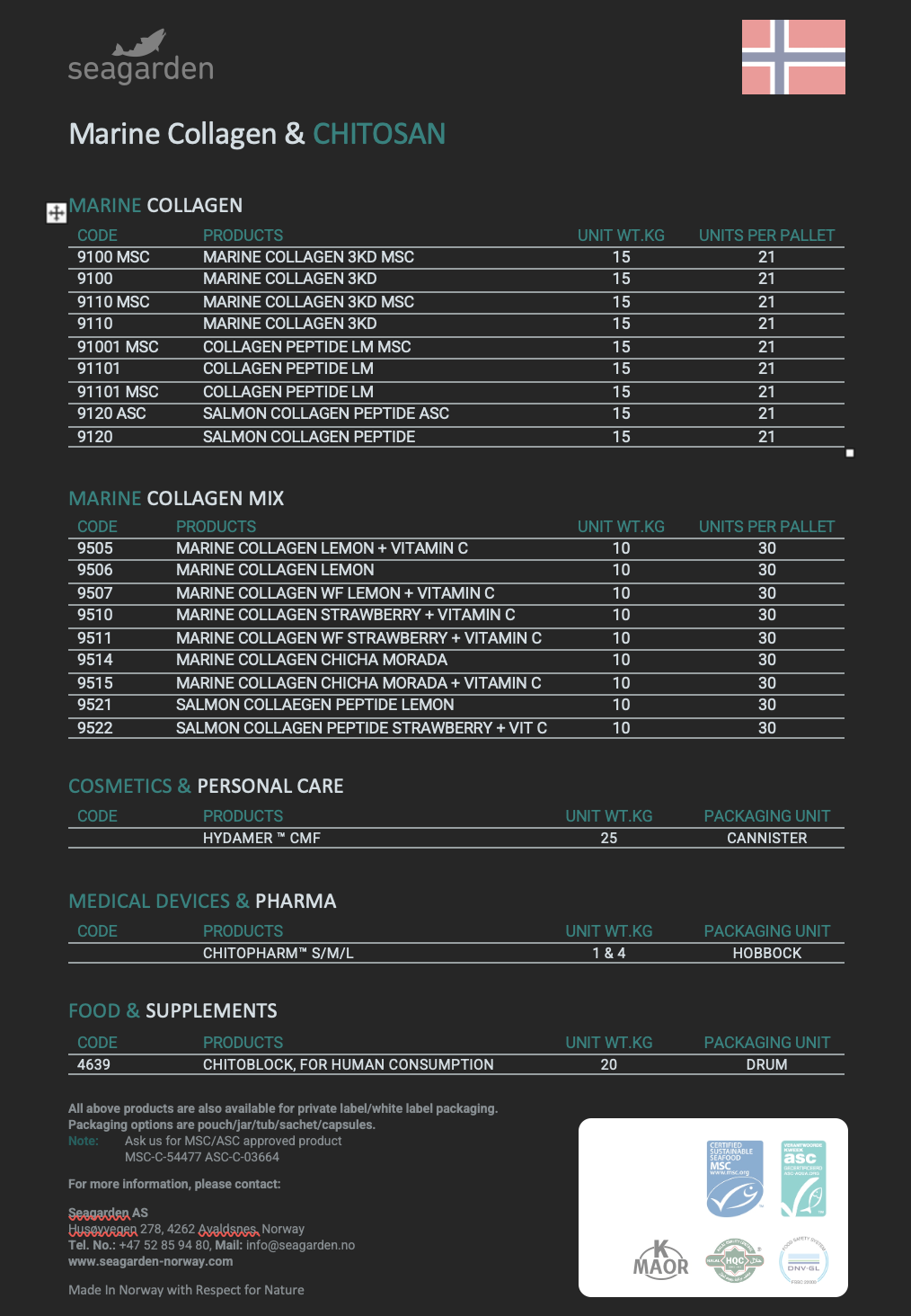 Seagarden Product list